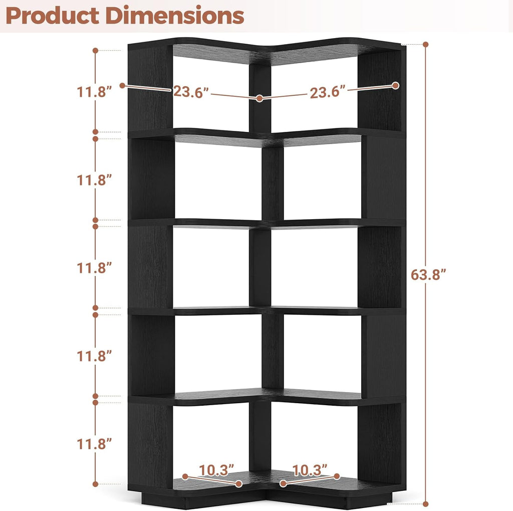 Besiost Corner Book Shelf, 6-Shelf Corner Bookshelf for Small Corner Spaces, L-Shape Bookcase Corner Display Shelf for Home Office, Living Room, Bedroom, Black