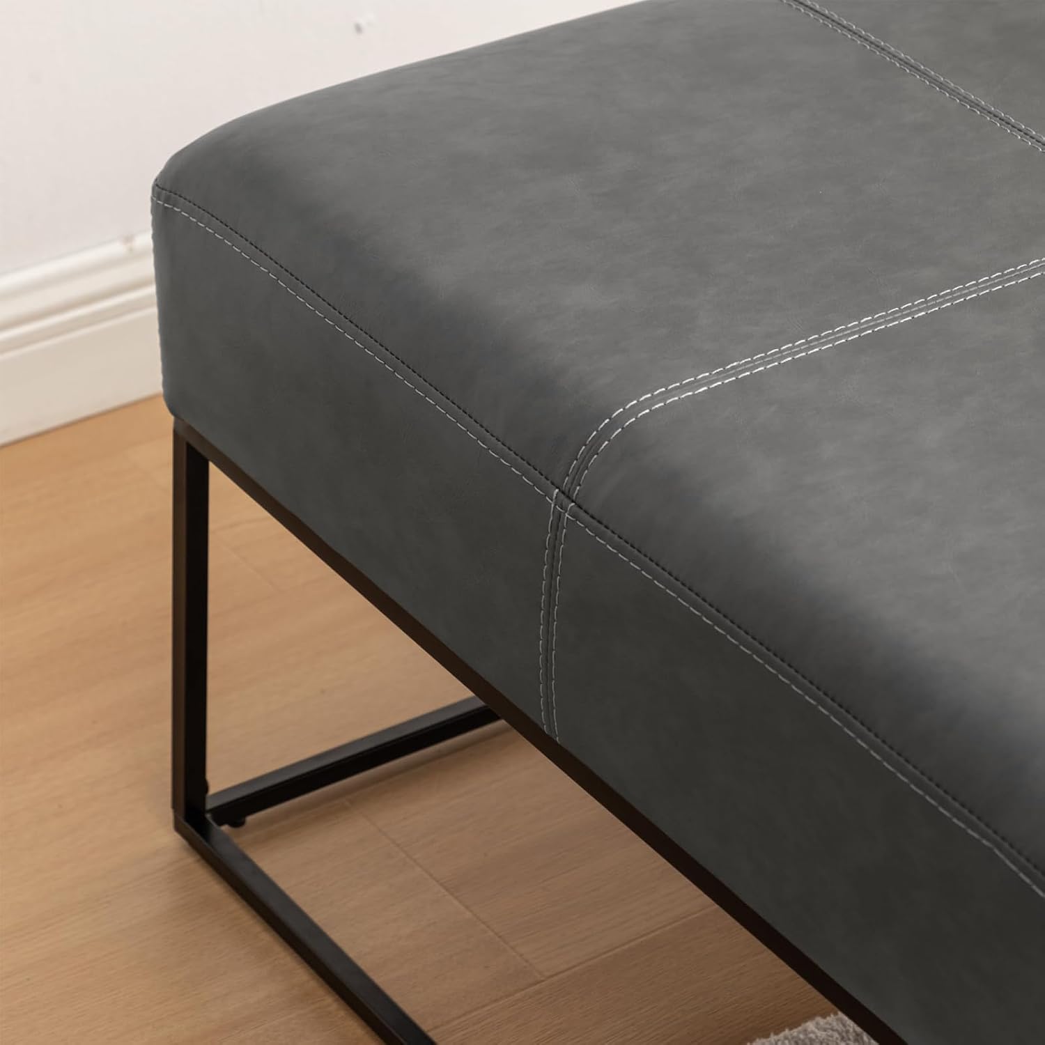 Modern Square Coffee Table, Farmhouse Ottoman for Living Room, Large Vintage Leather Coffee Tables with Leather Upholstered Padded Seat [Square, Vintage Gray, 30'']