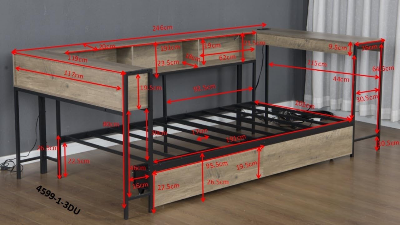 Twin Size Corner Daybed Frame with 5 Storage Shelves, Desk, 2 Drawers, Charging Station and LED Light, Metal Vintage Sofa Bed Frame for Livng Room, Bedroom, No Box Spring Needed, Grey