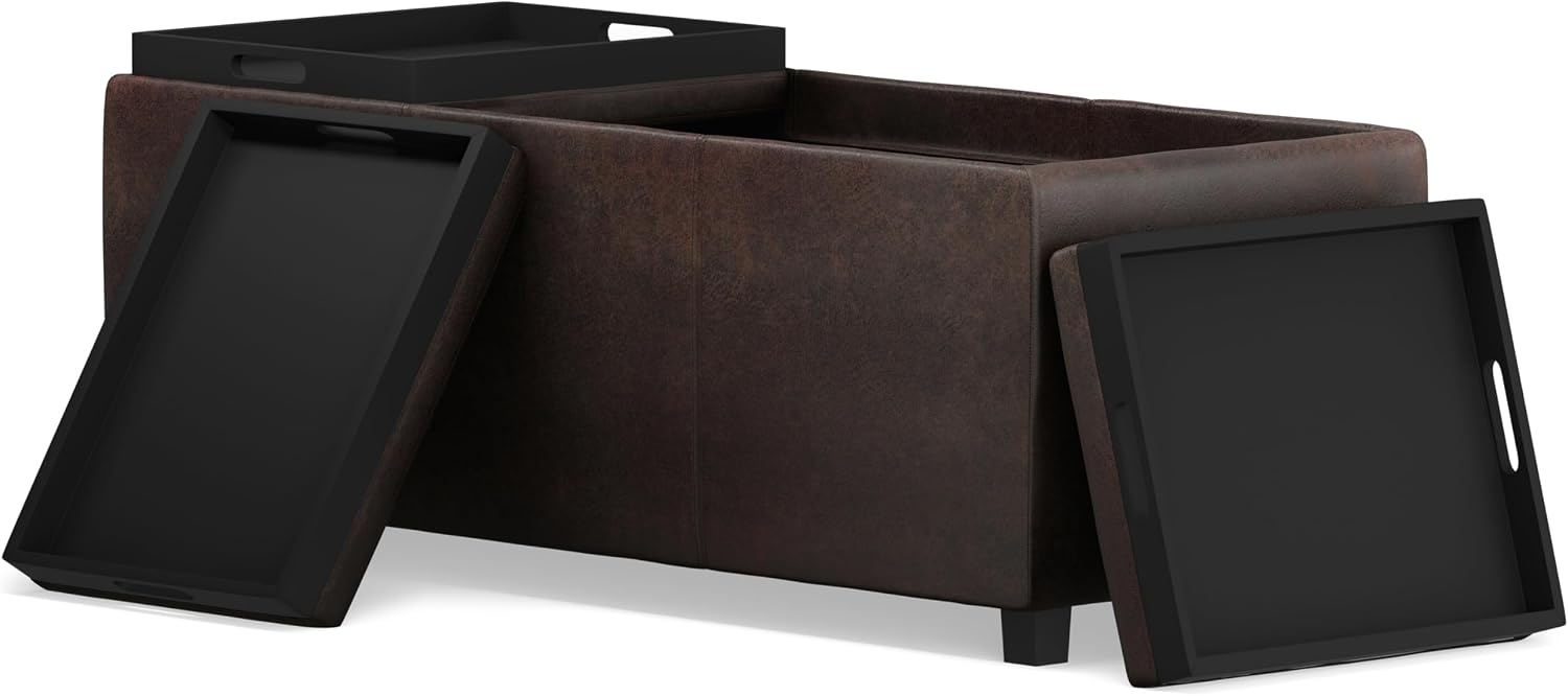 SIMPLIHOME Avalon Storage Ottoman - 42 inch Wide Upholstered Vegan Leather Rectangular Flip-Top Ottoman in Distressed Brown, Contemporary Coffee Table Ottoman for Living Room with Hidden Storage