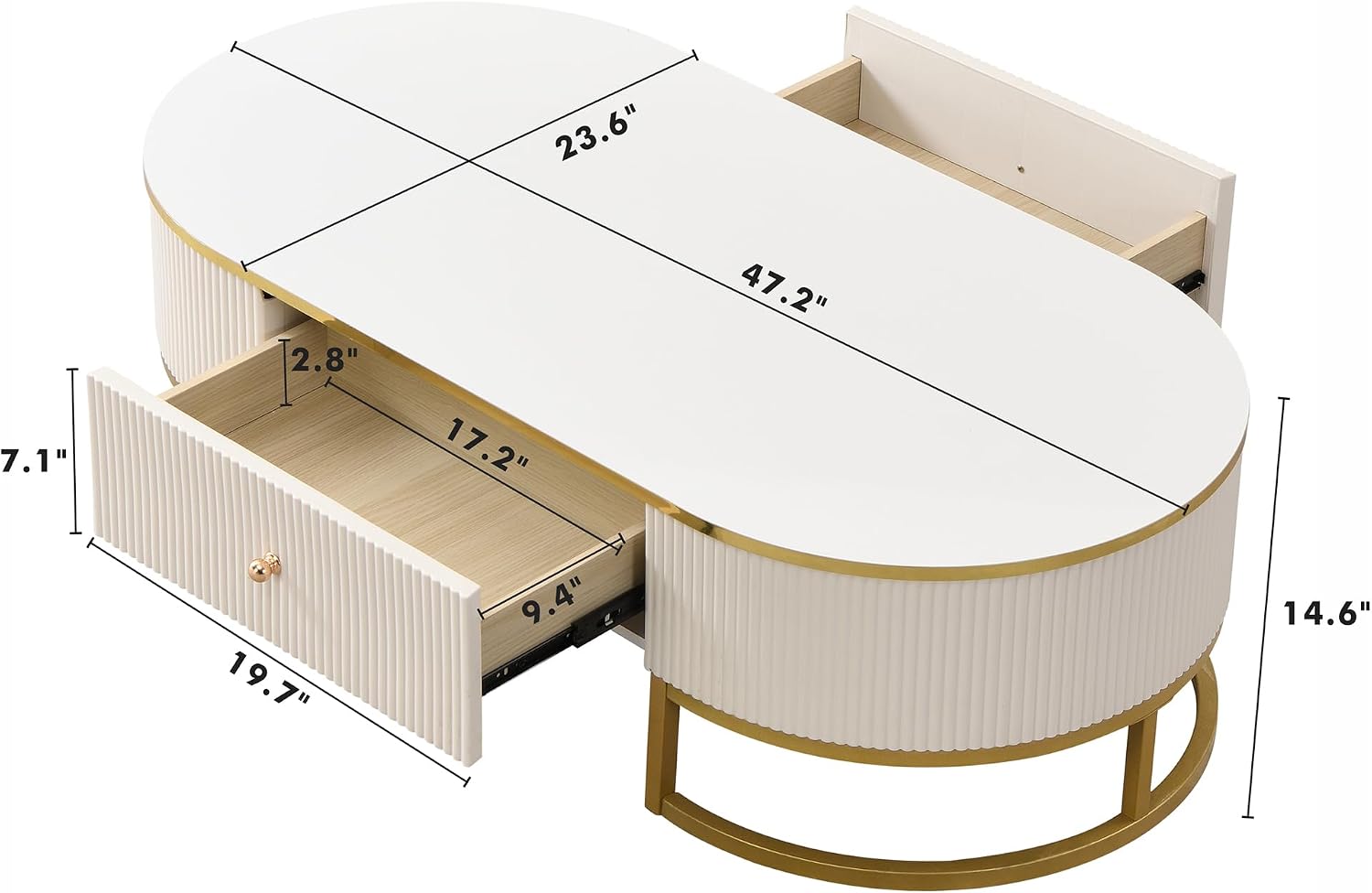 Modern Oval Coffee Table with Drawers,Curved Profile Design, Gold Metal Decor, Center Table for Living Room in 47.2'