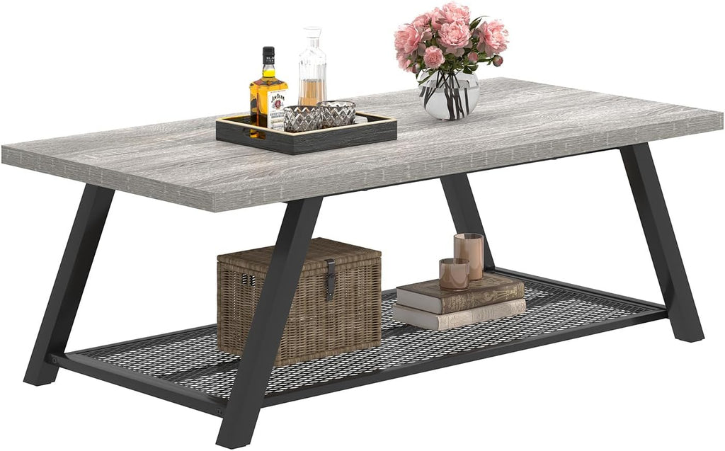 FOLUBAN Industrial Coffee Tables for Living Room with Storage, Rustic Wood and Metal Coffee Table, Modern Rectangle Center Cocktail Tea Table, Light Grey, 47 Inch