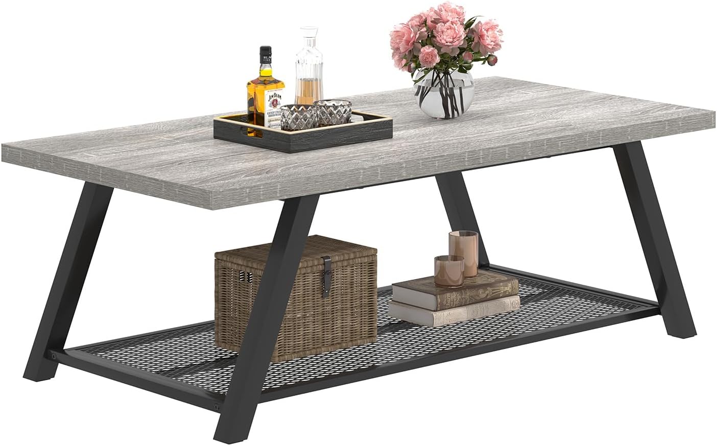 FOLUBAN Industrial Coffee Tables for Living Room with Storage, Rustic Wood and Metal Coffee Table, Modern Rectangle Center Cocktail Tea Table, Light Grey, 47 Inch