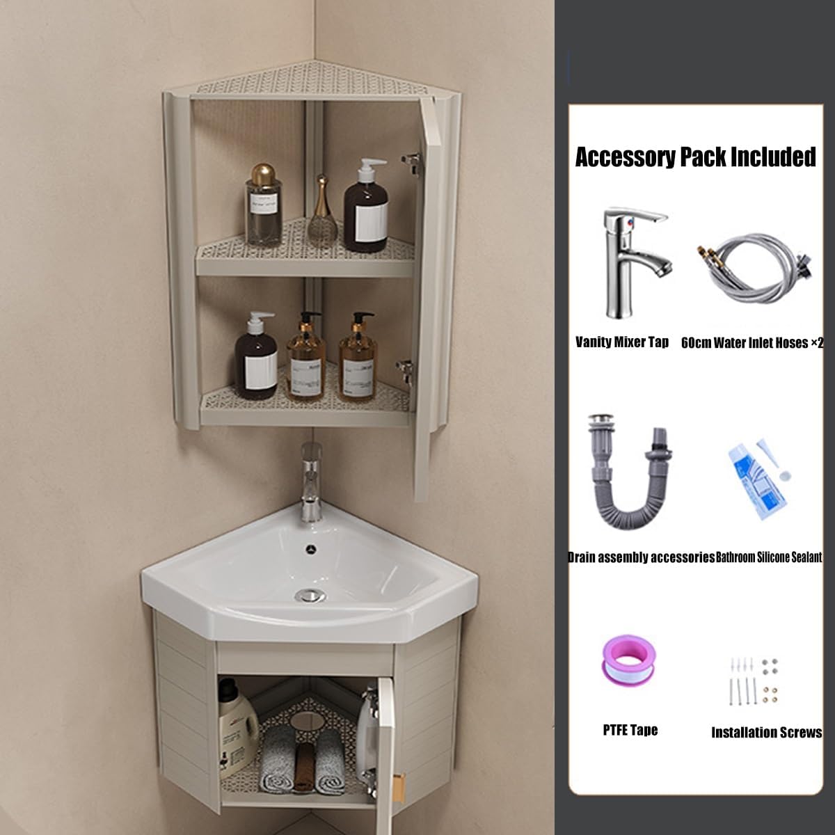 Floating Bathroom Corner Vanity with Open Shelve, Wall Mounted Design for Small Space, Bathroom and Cloakroom, Above Counter Design(White,38 x 38 cm Main Cabinet)