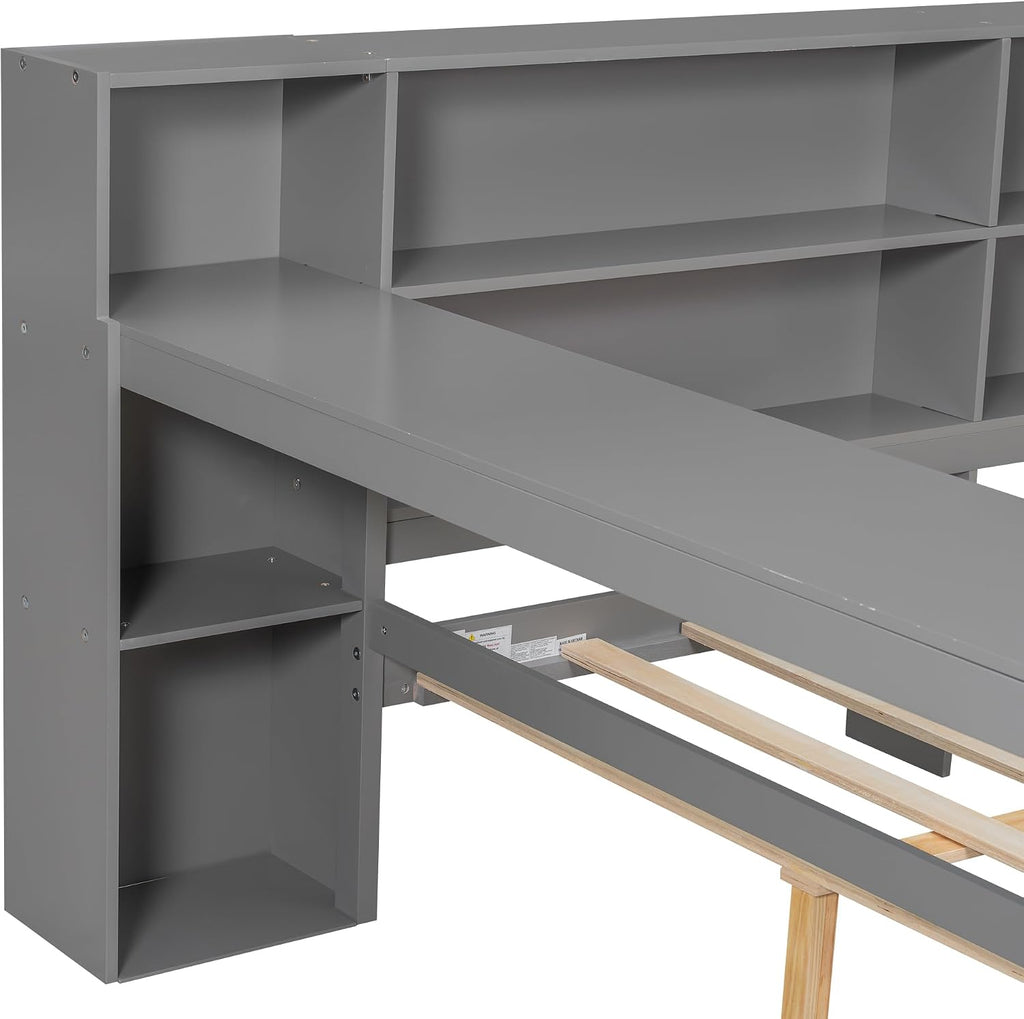 Wood Full Size Daybed with Storage Shelves and Desk, L-Shaped Corner Platform Bed Frame with Upholstered Headboard and 2 Drawers for Office Living Room Bedroom, Space-saving (Grey-7.16, Full)