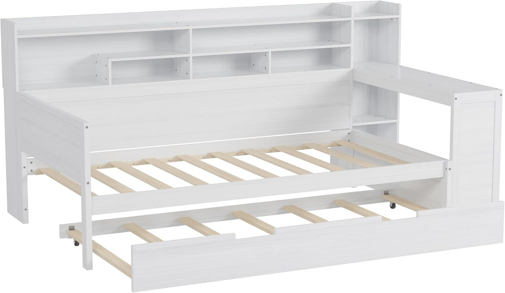 Bellemave Twin Corner Bed Frame with Storage Shelves and Desk, Wood Twin Size Daybed with Bookcase and Trundle, Antique White