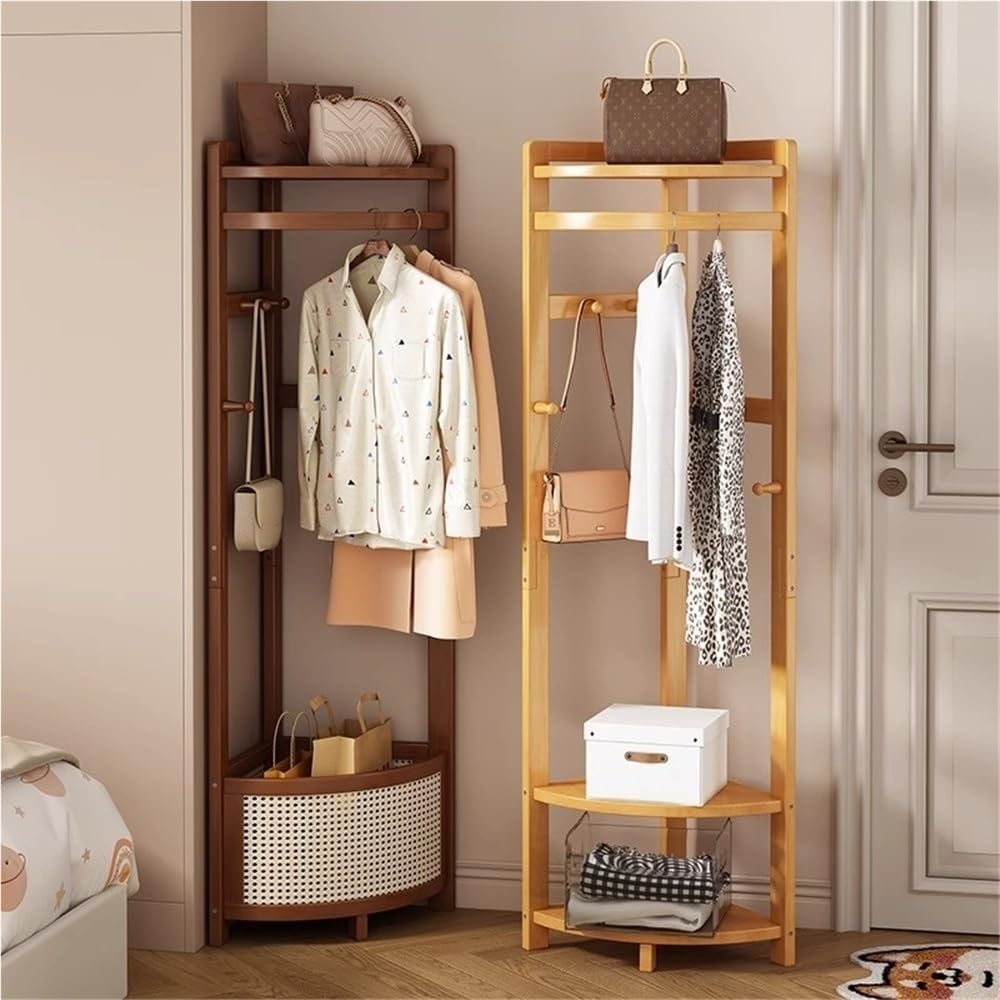 Bamboo Corner Coat Rack with Storage Rack, Floor-standing Clothing Rack with Hooks, Multifunctional Corner Shelves for Living Room, Entrance or Bedroom(Brown)