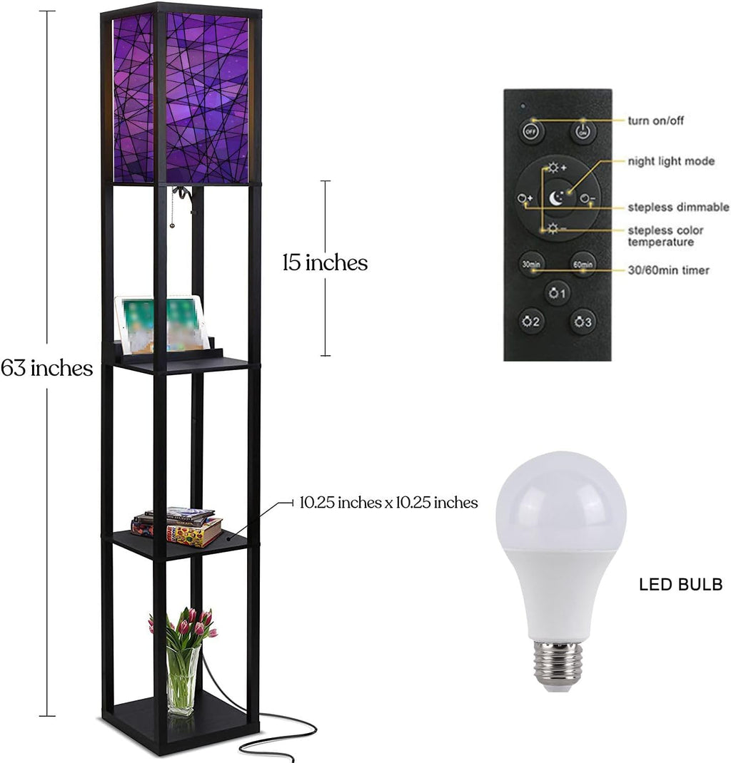Abstract Stained Glass Mosaic Purple Violet Floor Lamp with Shelves USB Ports & Power Outlet Linen Fabric Shade Corner Standing Lamp for Living Room