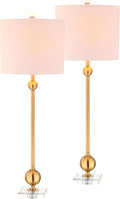 JONATHAN Y 34.75' Brass Metal LED Table Lamp Set of 2 with Crystal Base, Mid-Century Modern Sputnik Design for Living Room Bedroom, White Linen Shade, LED Bulbs Included JYL2010A-SET2