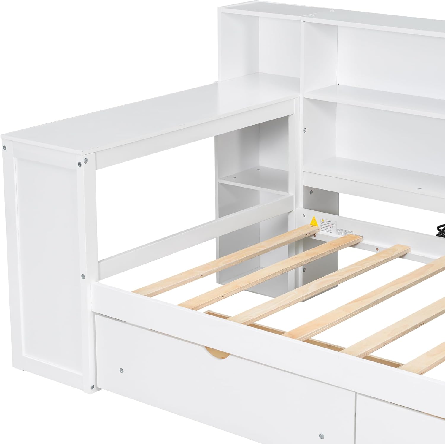 Wood Twin Size Daybed with Storage Shelves and Desk, L-Shaped Corner Platform Bed Frame with Upholstered Headboard and 2 Drawers for Office Living Room Bedroom, Space-saving (White-7.16, Twin)