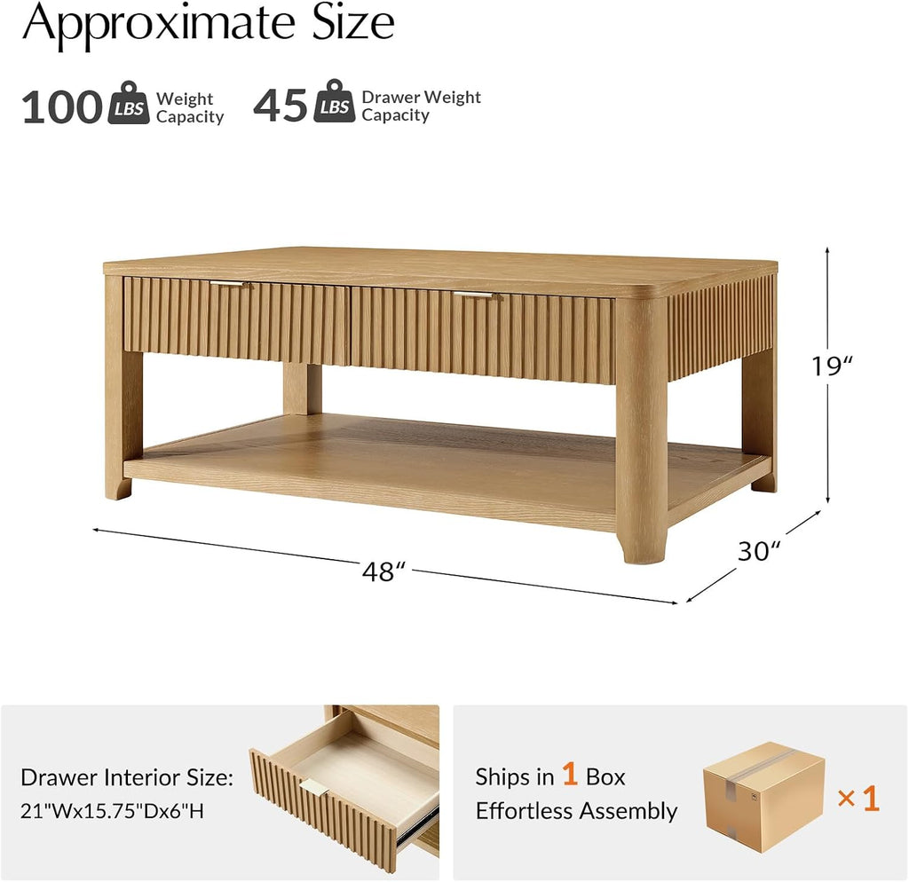 HULALA HOME Modern Fluted Coffee Table with Storage, Wood Oak Veneer Coffee Table with Wide Tabletop, 2 Drawers and Lower Shelf for Living Room, Easy Assembly, Natural