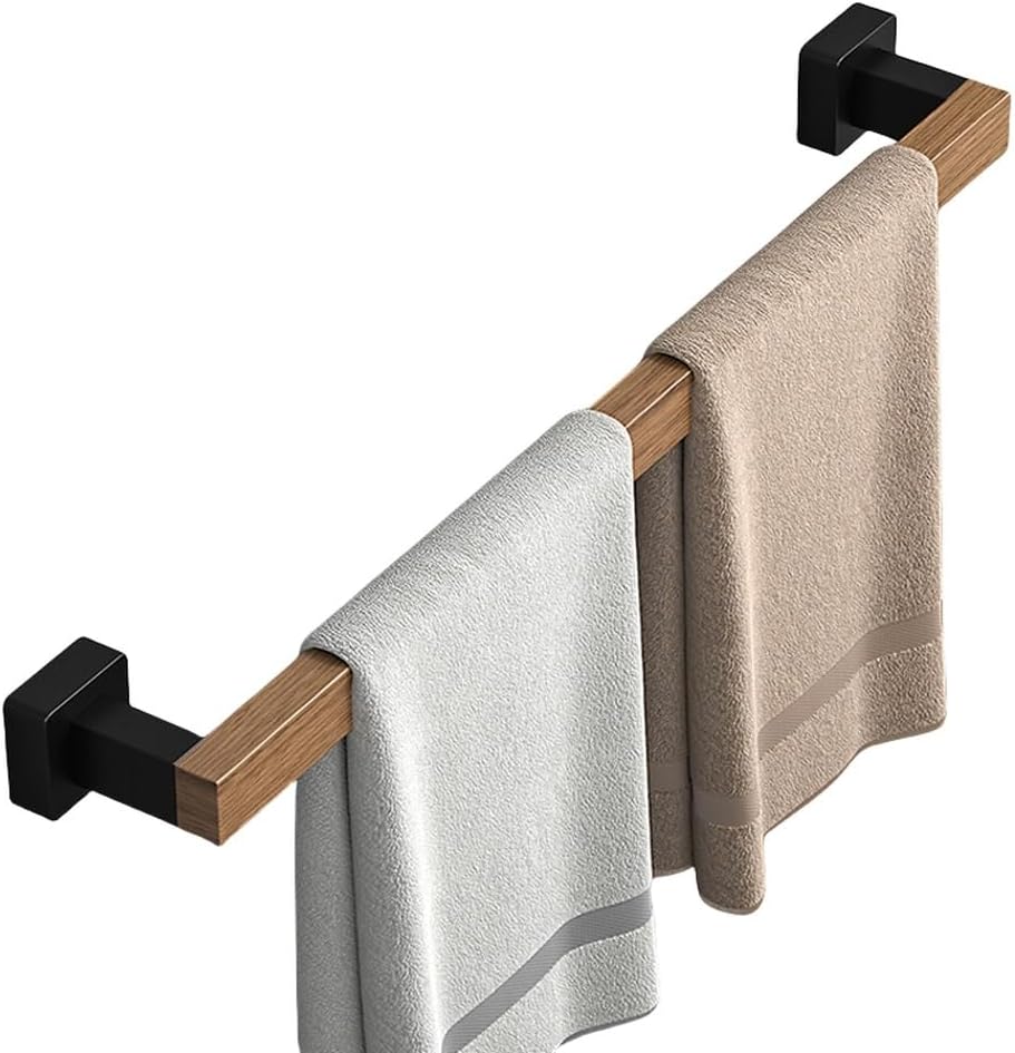Bathroom Hardware Shelf Black Wood Bath Accessories Wall Mounted Towel Rack Bar Toilet Brush Hooks Paper Holder,Single Bar 50cm