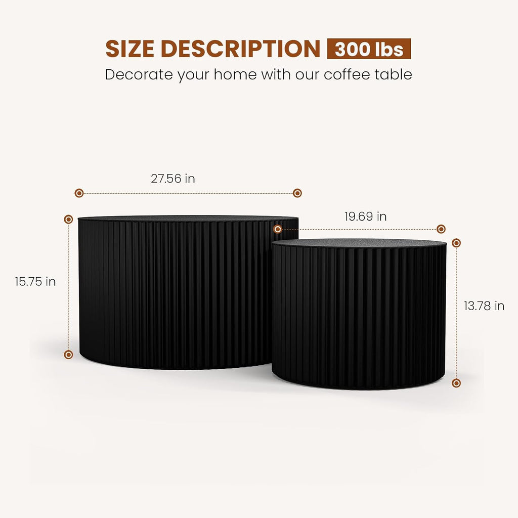 Round Wood Coffee Table Set of 2 Modern Round Fluted Nesting Coffee Tables Handcrafted Wooden Circle Nesting Table for Living Room for Small Space (Black (D27.56+D19.69 inch))