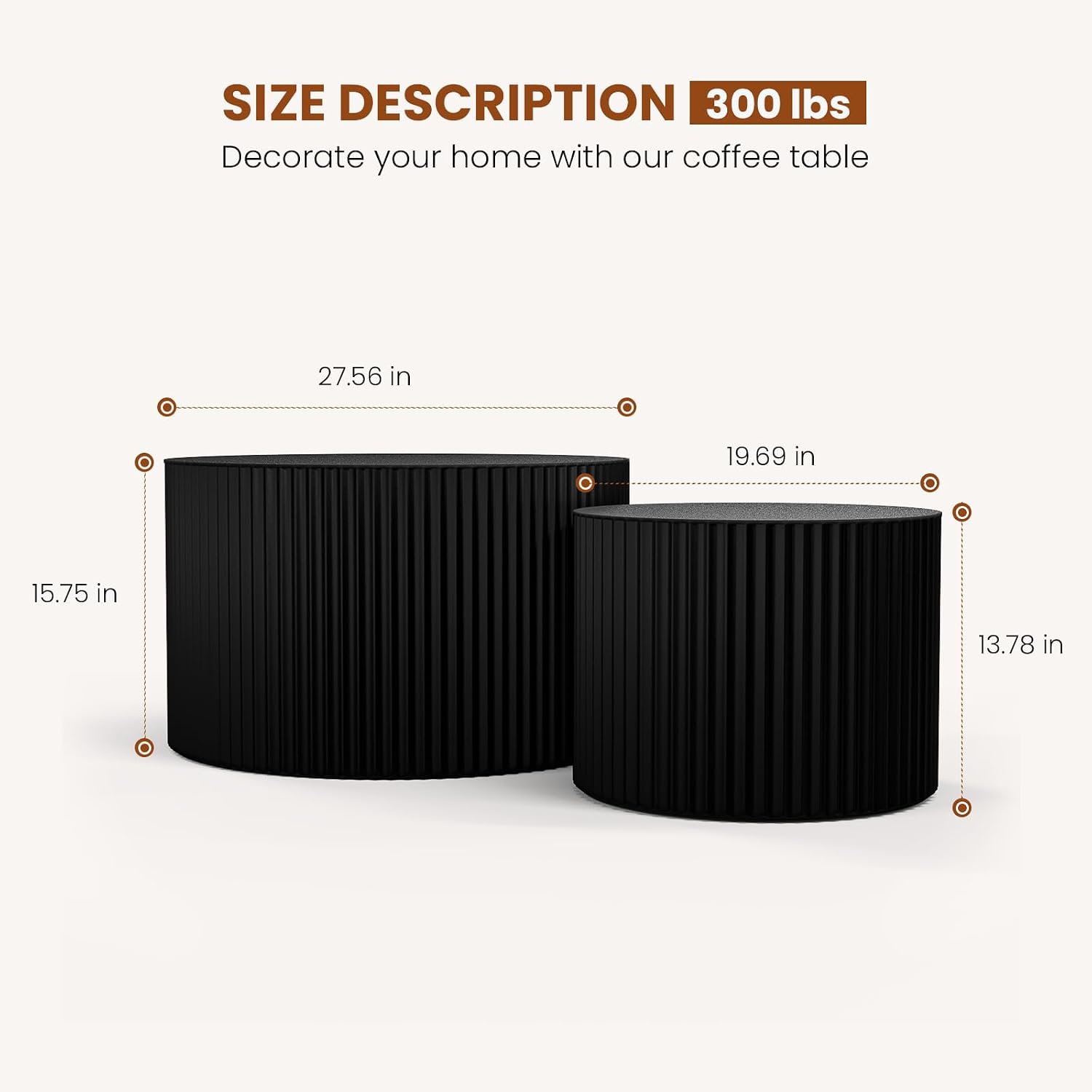 Round Wood Coffee Table Set of 2 Modern Round Fluted Nesting Coffee Tables Handcrafted Wooden Circle Nesting Table for Living Room for Small Space (Black (D27.56+D19.69 inch))