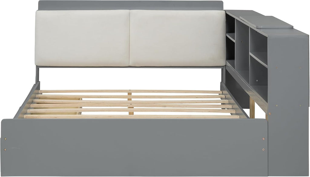 Full Daybed with Storage Headboard, Corner Platform Bed with Shelves, Storage Board and 2 Drawers, Solid Wooden Slats Support, Gray