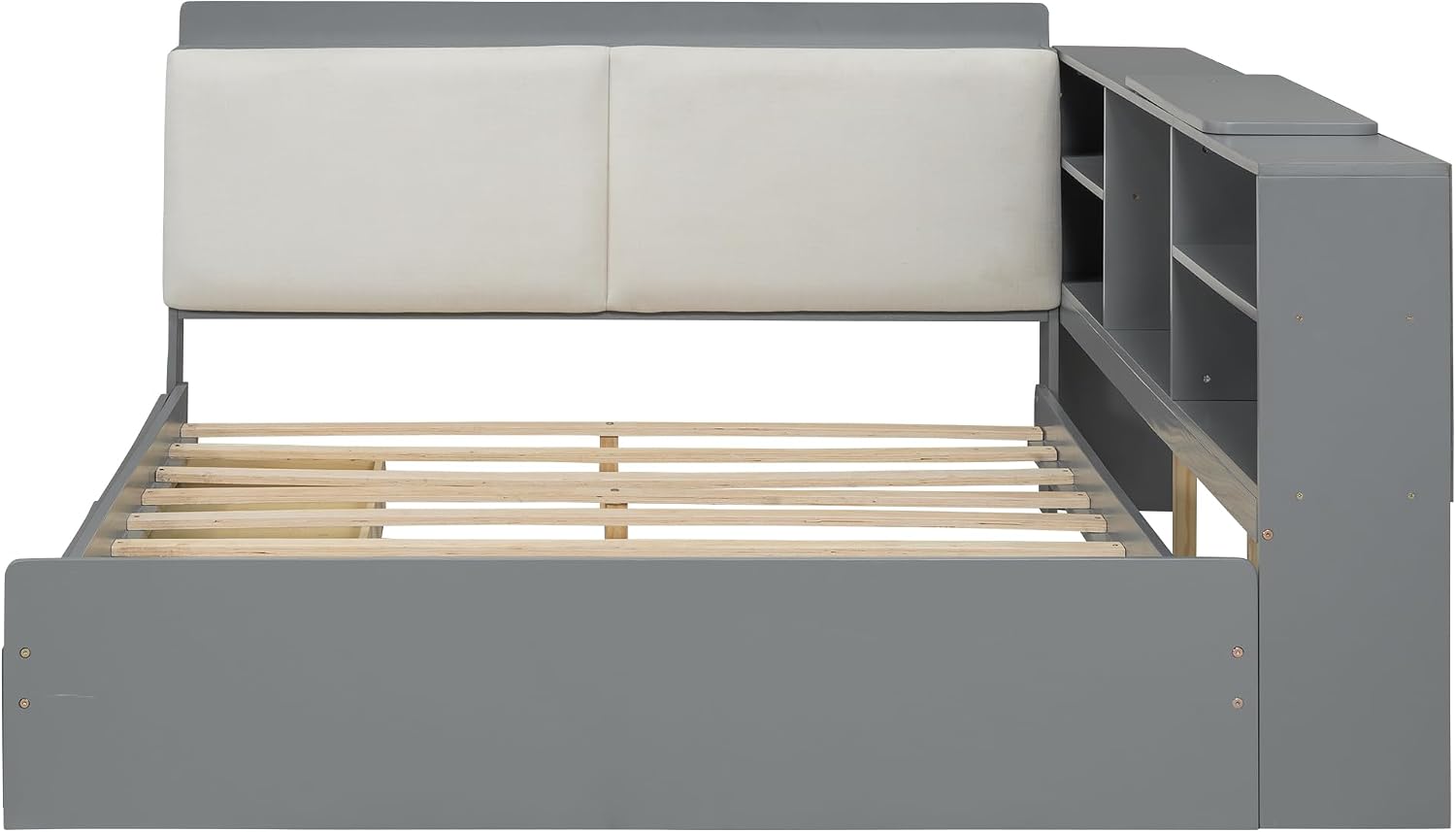 Full Daybed with Storage Headboard, Corner Platform Bed with Shelves, Storage Board and 2 Drawers, Solid Wooden Slats Support, Gray