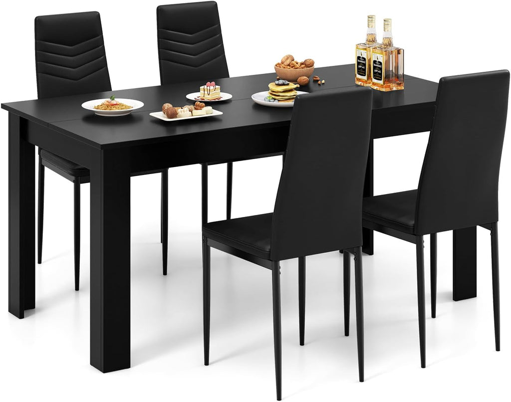 Giantex Dining Table Set for 4-6, Modern Rectangular Kitchen Table with 4 PVC Leather Dining Chairs, 330Lbs Space-Saving Dinette Set for Breakfast Nook, Kitchen, Restaurant, Cafe, Black (5-Pieces)