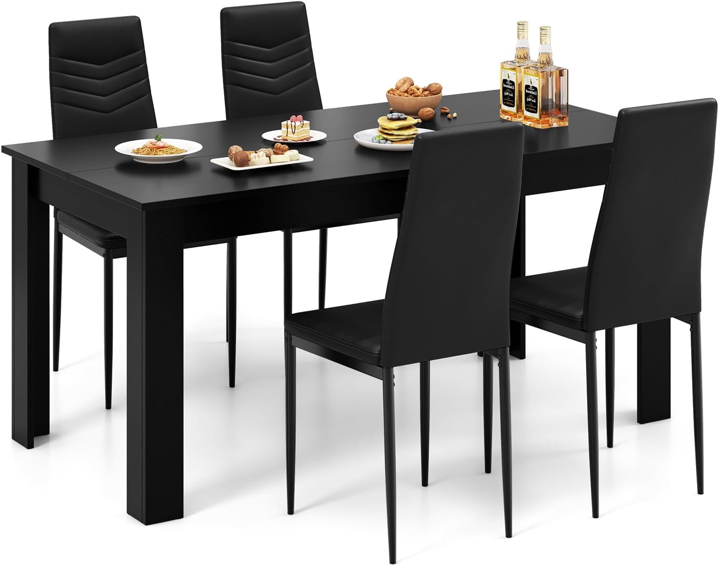 Giantex Dining Table Set for 4-6, Modern Rectangular Kitchen Table with 4 PVC Leather Dining Chairs, 330Lbs Space-Saving Dinette Set for Breakfast Nook, Kitchen, Restaurant, Cafe, Black (5-Pieces)