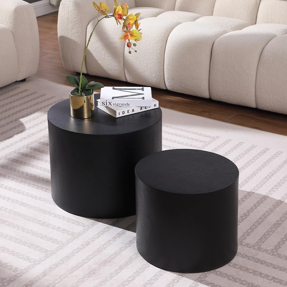 WILLIAMSPACE 18.9' Black Nesting Coffee Table Set of 2, Modern Round Coffee Tables Circle Side Table for Small Space, Accent End Table Set, No Assembling, Matte Black