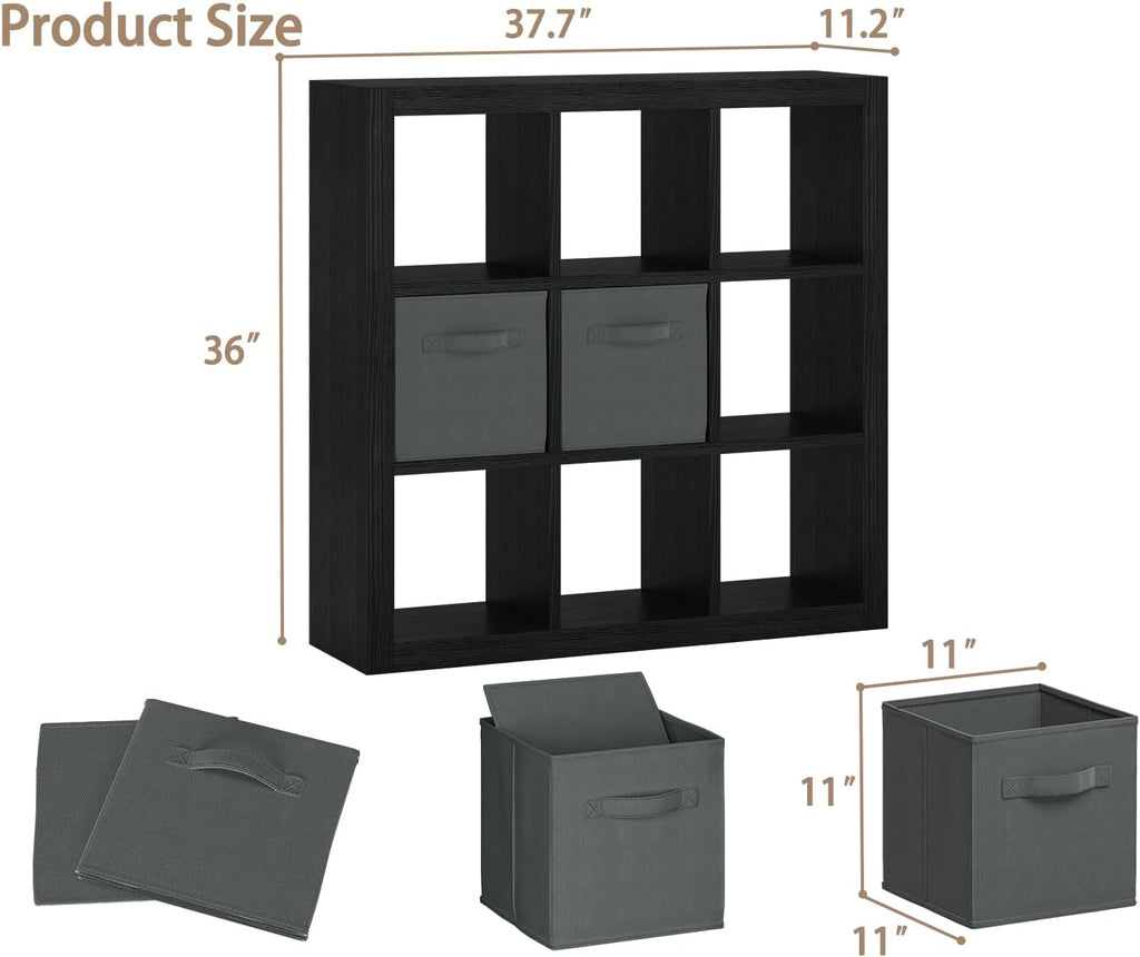 Bookshelf with Storage Bins, 9-Cube Storage Organizer Sturdy Wooden Bookcase Open Book Shelf, Multifunctional Cubicle Rack for Storage & Display, Furniture for Living Room Bedroom Office, Black