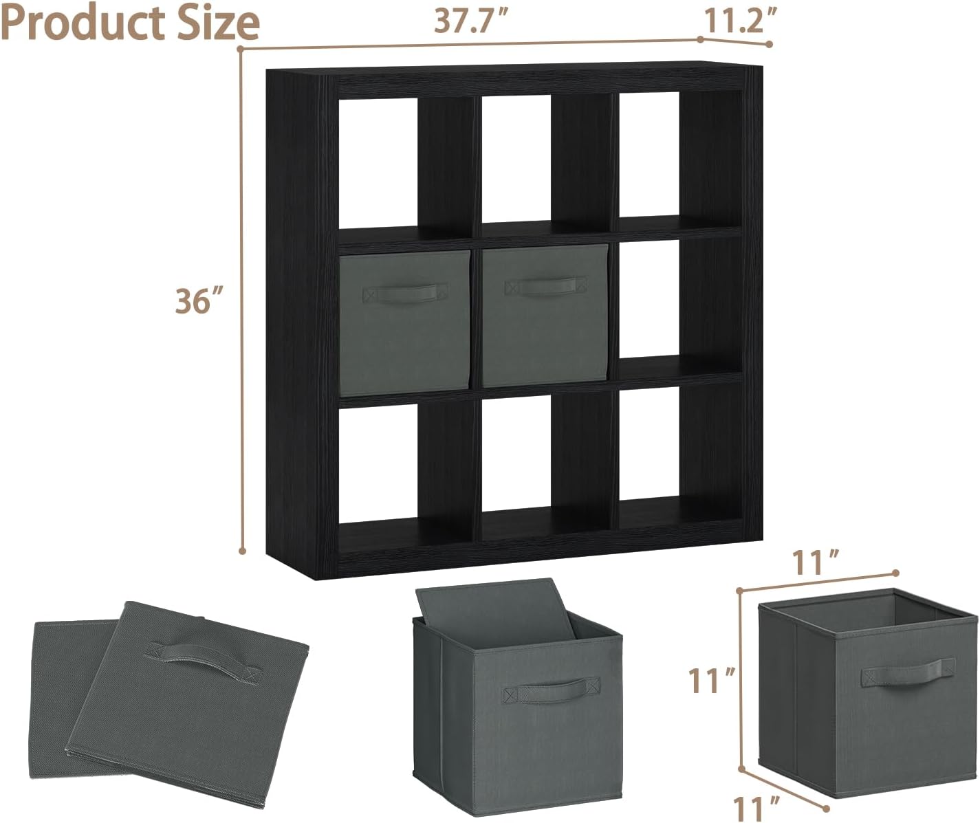 Bookshelf with Storage Bins, 9-Cube Storage Organizer Sturdy Wooden Bookcase Open Book Shelf, Multifunctional Cubicle Rack for Storage & Display, Furniture for Living Room Bedroom Office, Black