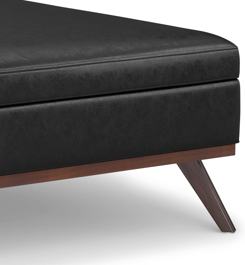 SIMPLIHOME Owen XL Square Coffee Table Storage Ottoman - 40 inch Wide Upholstered Vegan Leather Lift-Top Ottoman in Distressed Black, Mid-Century Modern Ottoman for Living Room with Ample Storage