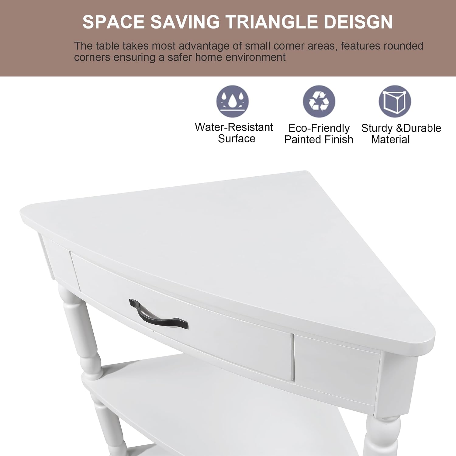 Corner Table for Small Spaces, 3-Tier Triangle End Side Table with Drawer, Space-Saving with Wood Legs for Living Room, Bedroom, Apartment, 34 Inch, Easy Assembly, Milk White
