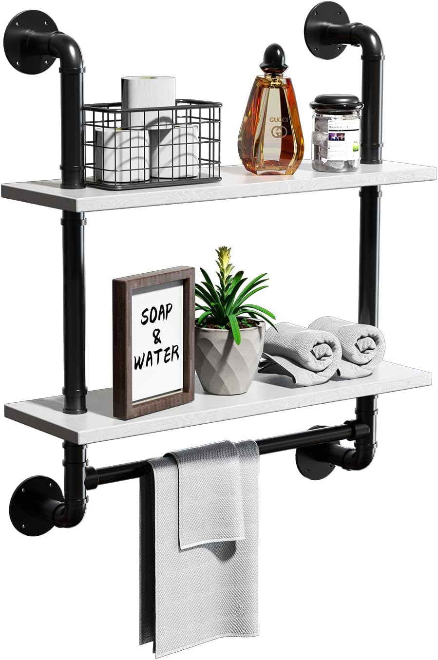 24in Industrial Pipe Shelving Bathroom 2 Tier Shelves with Towel Bar Retro White Rustic Farmhouse Pipe Industrial Wall Shelves Over Toilet for Storage