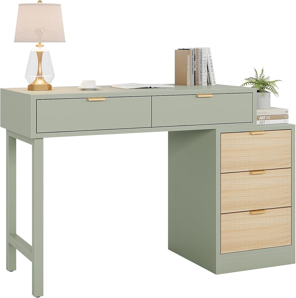Tribesigns Computer Desk with 5 Drawers, Reversible Small Writing Desk with Storage, Modern Wooden Study Table Workstation for Home Office, Small Spaces, Mint Green