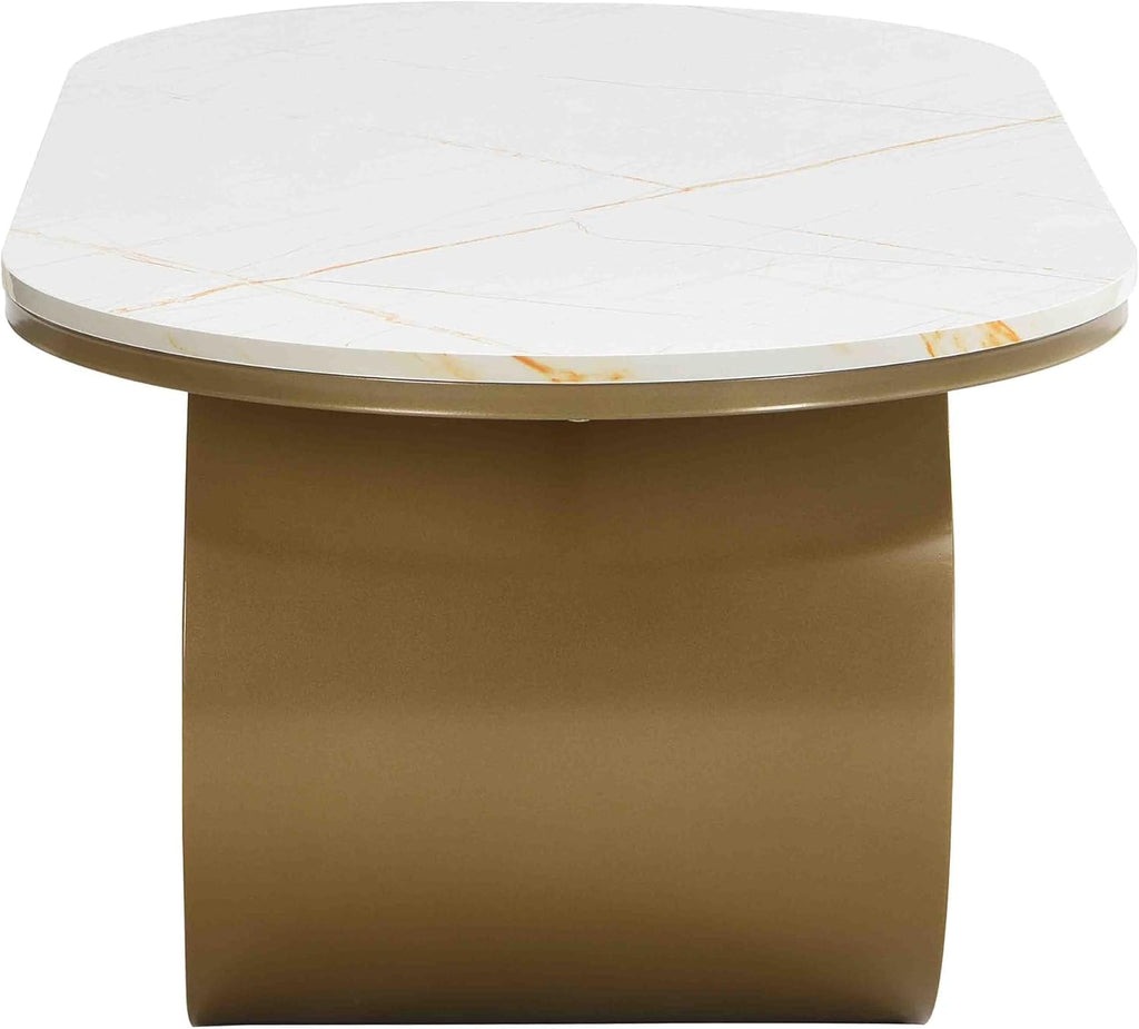 Luxury Gold Oval Coffee Table, 47'' Modern Living Room Table with Storage Drawer, Faux Marble Top MDF, Sturdy Metal Base, Large Center Tables for Home Apartment, White