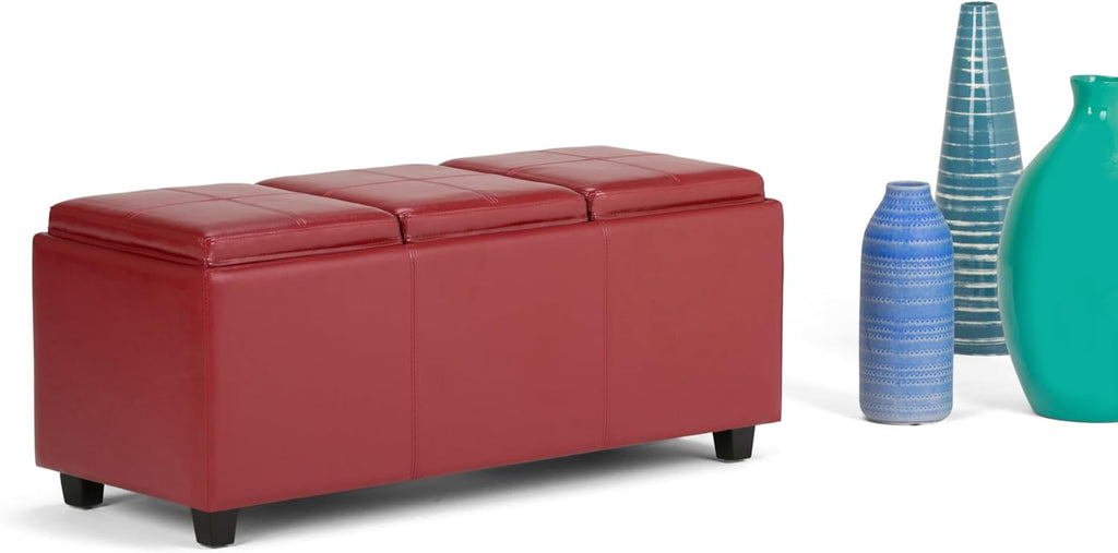 SIMPLIHOME Avalon Storage Ottoman - 42 inch Wide Upholstered Vegan Leather Rectangular Flip-Top Ottoman in Red, Contemporary Coffee Table Ottoman for Living Room with Hidden Storage