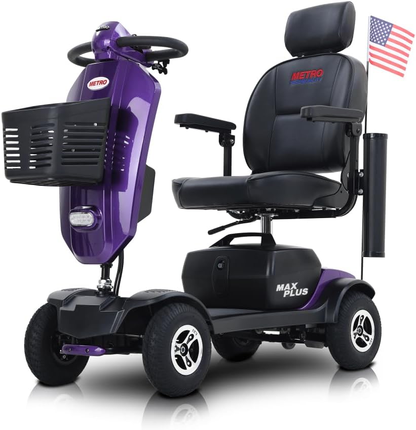 MAX Plus Emerald Outdoor Mobility Scooter - 16 Miles Range, Foldable Design, Anti-Tip Safety System, USB Charger & Cup Holder, 2 * 20AH Battery (300W Motor, 136kg Capacity) (Purple + Metal)