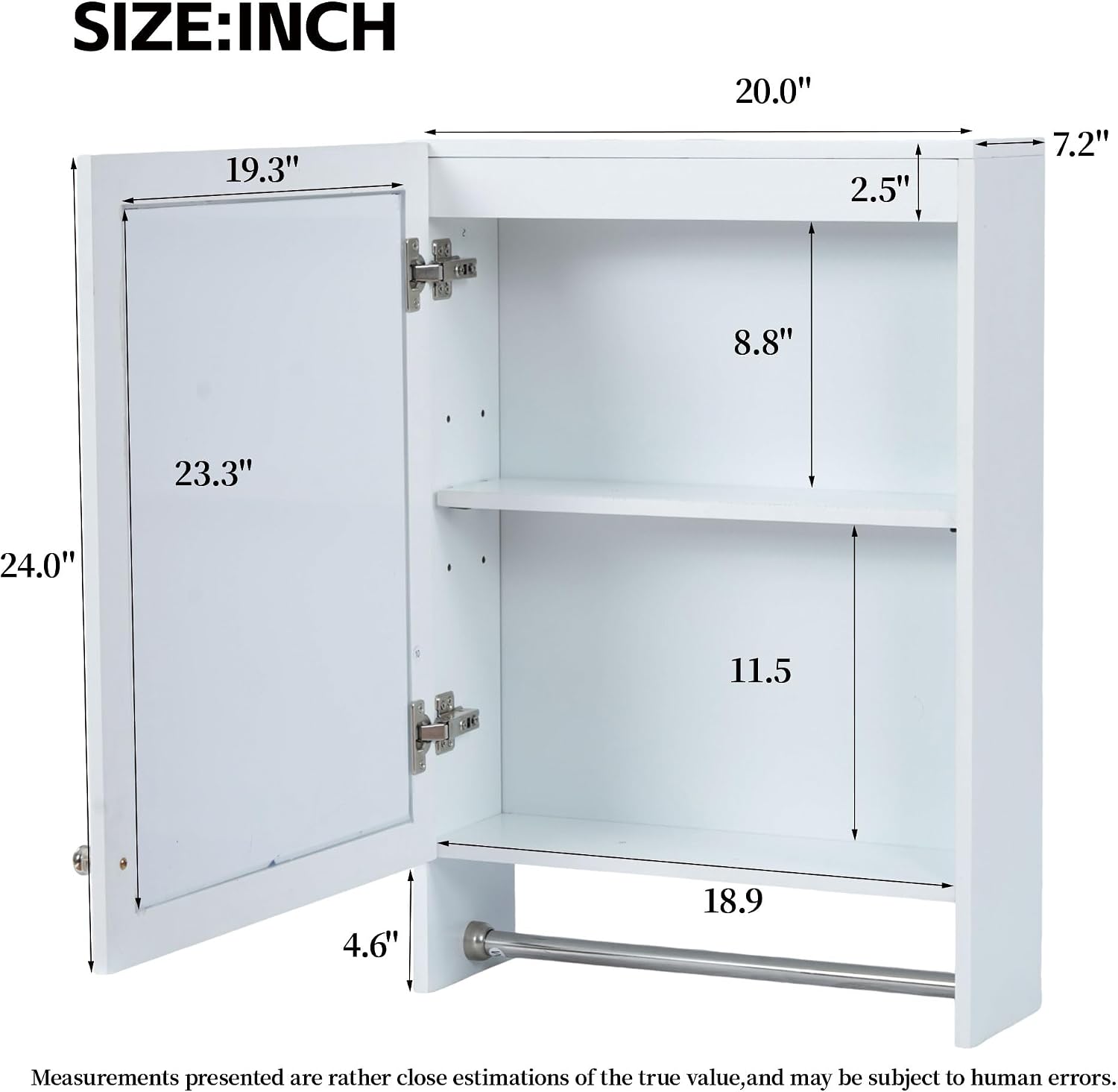 Wall Mounted Bathroom Mirror Cabinet with Soft-Close Door and Adjustable Shelf, 20' White Medicine Cabinet with HD Mirror and Towel Bar, MDF and Rubber Wood Construction for Bathroom Storage
