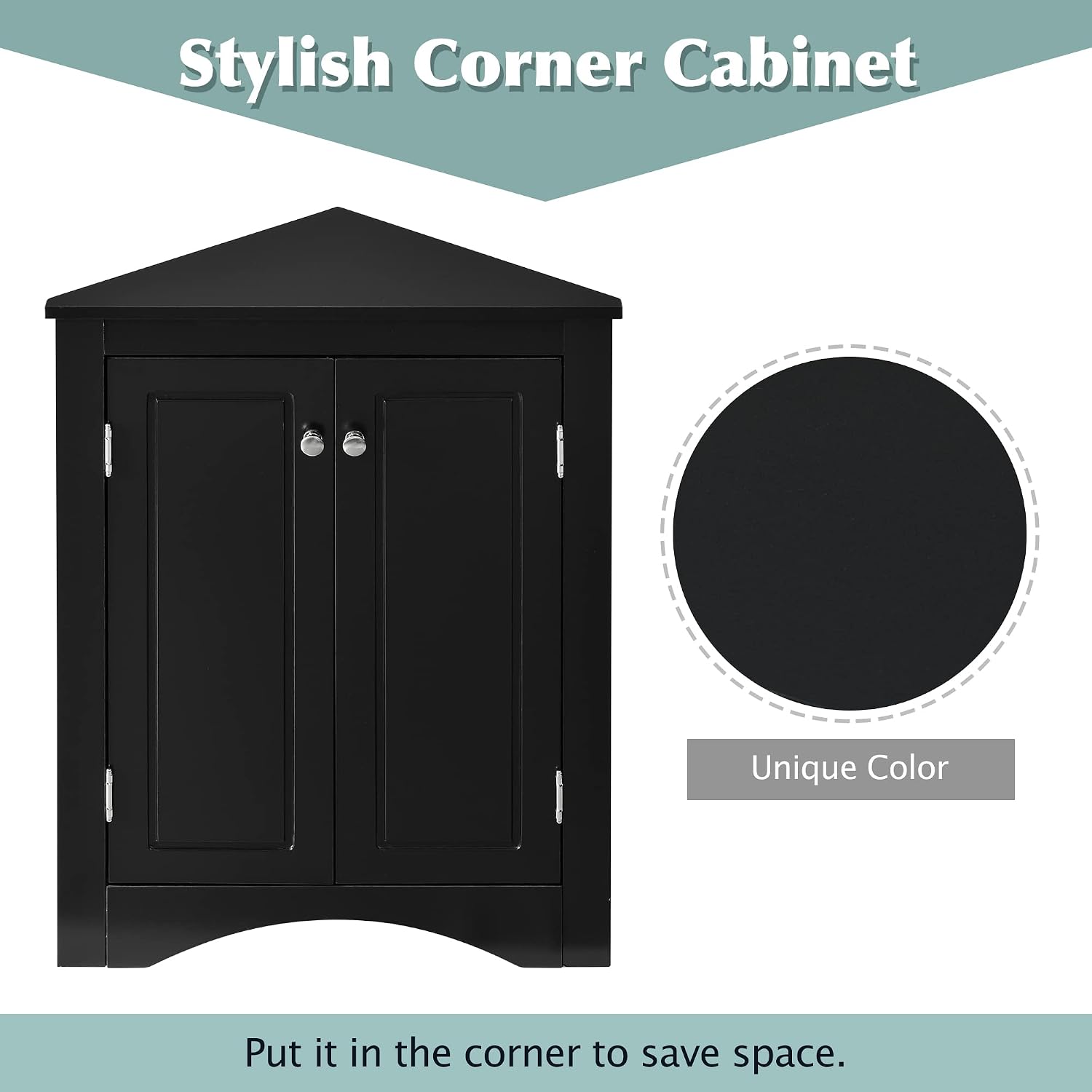 Knocbel 31.5' Height Corner Floor Storage Cabinet with Brushed Nickel Knobs, 2 Doors and Adjustable Shelves, Bathroom Pantry Corridor Free Standing Triangle Organizer Unit (Black)