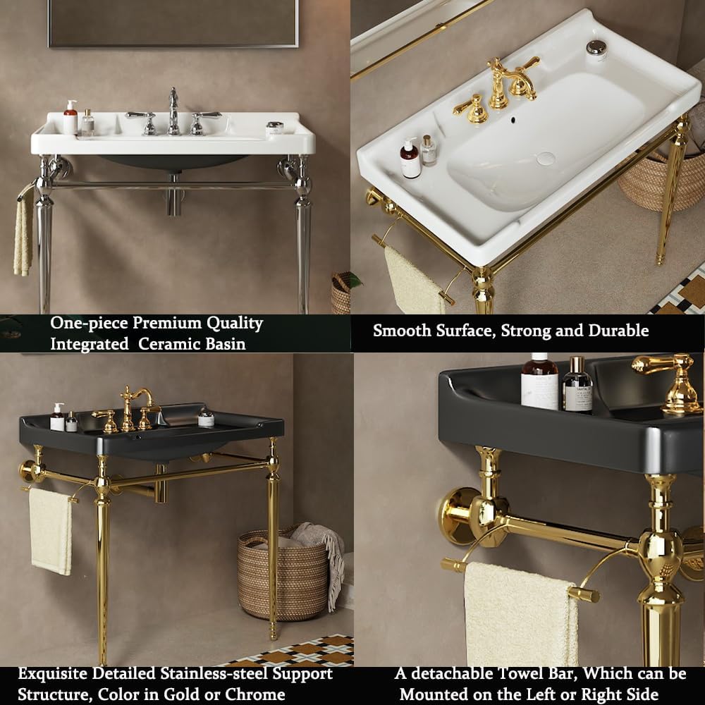 28' Bathroom Console Sink, Wall-Mounted White Ceramic Vanity Basin with 3 Pre-drilled Faucet Holes, Freestanding Gold Stainless Steel Support Legs with Towel Bar, No Faucet - Rome, White