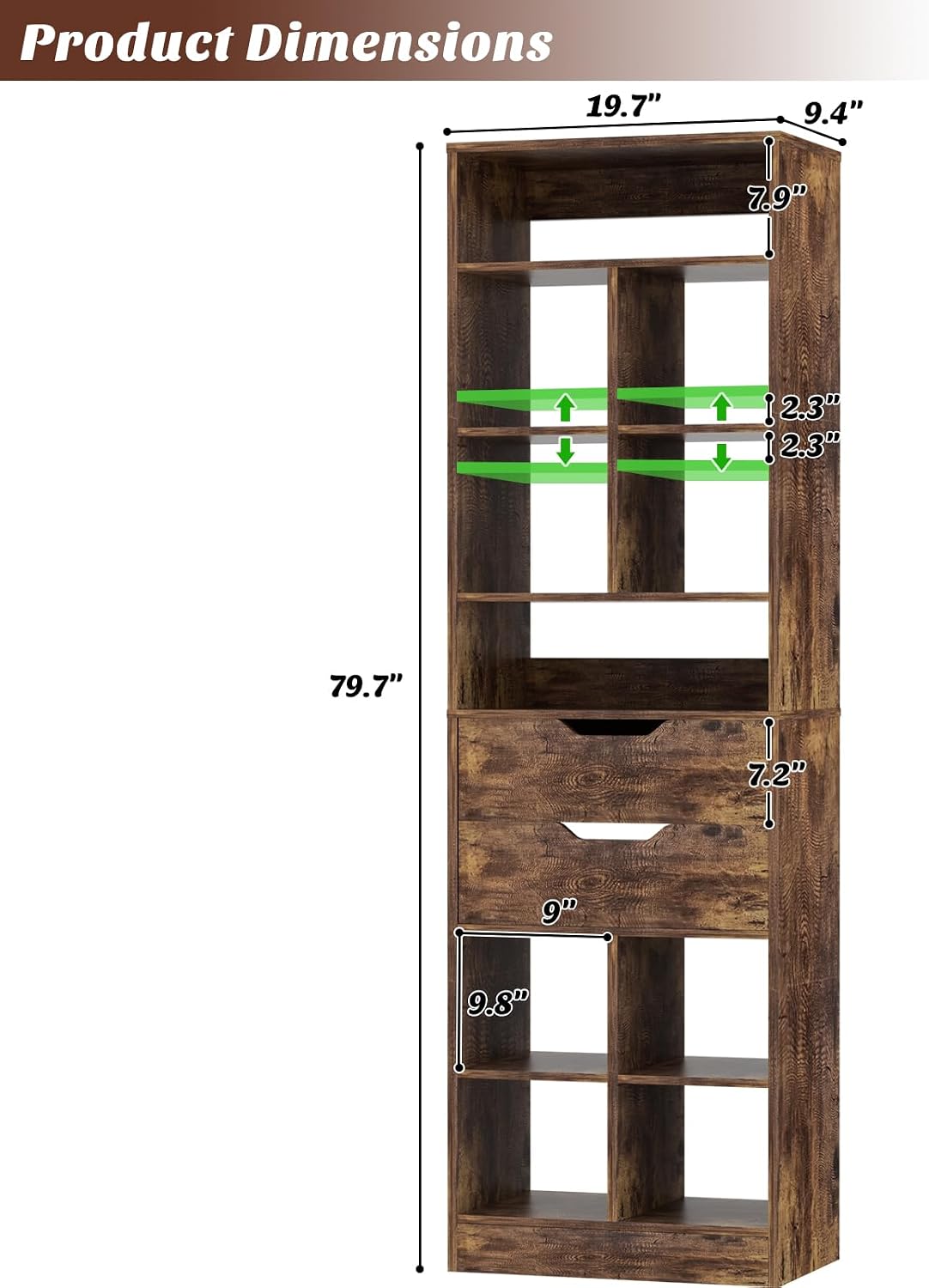 Armocity 9-Tier Tall Bookshelf with 2 Drawers, 79.7' Narrow Freestanding Bookcase, Space-Saving Wood Display Shelves Storage for Living Room, Home Office Bedroom, Rustic Brown