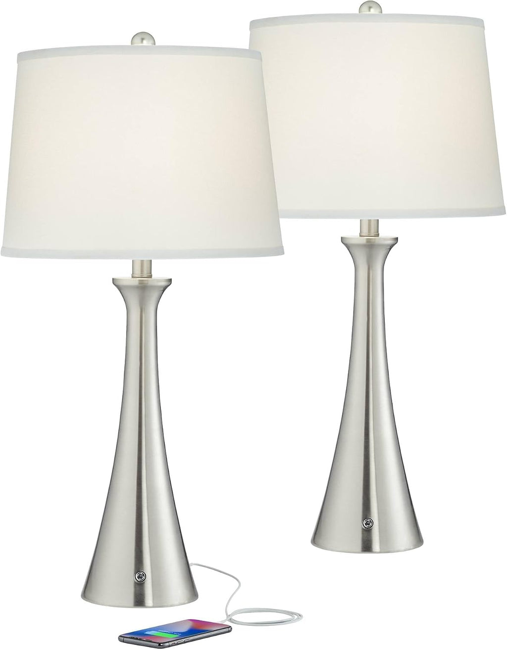 360 Lighting Karl 27 1/2' Tall Set of 2 Modern Table Lamps with USB Charging Ports A+C and AC Power Outlet Brushed Nickel White Drum Shade Bedroom Living Room House Home Bedside Nightstand Office