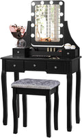 CHARMAID LED Vanity Desk with Lighted Mirror, 10 Dimming Bulbs, 5 Drawers, 3 Storage Organizers, Makeup Vanity Desk with Stool, Bedroom Dressing Table, Gift for Girls Women (Black)