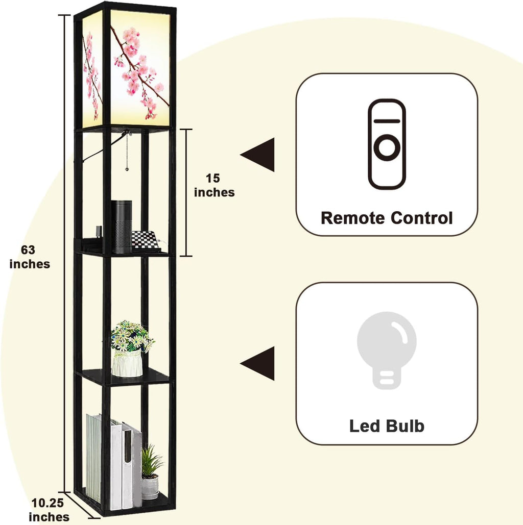 Floor Lamp with Shelves Pink Cherry Blossoms White Standing Tall Lamp USB Ports & Power Outlet Modern Corner Lamp Nightstand Light for Living Room Bedroom