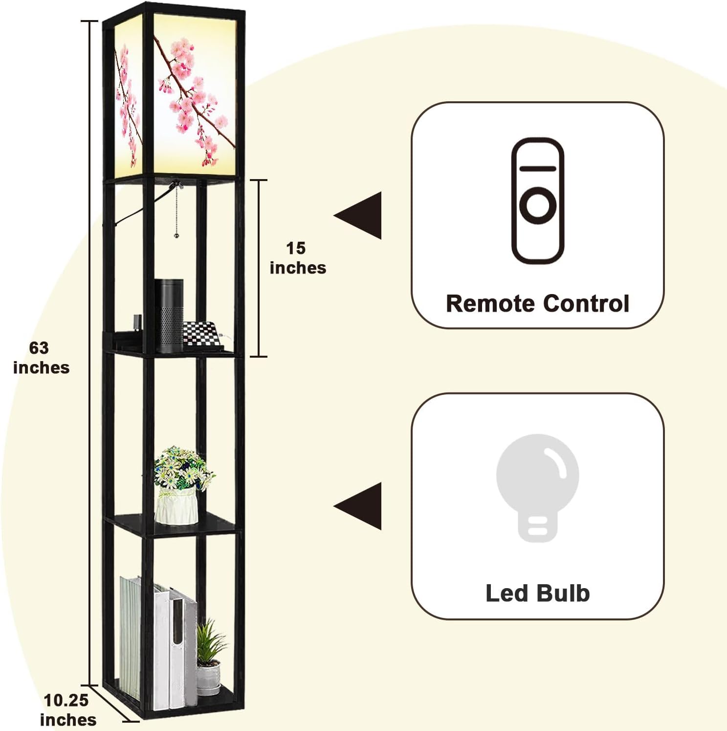 Floor Lamp with Shelves Pink Cherry Blossoms White Standing Tall Lamp USB Ports & Power Outlet Modern Corner Lamp Nightstand Light for Living Room Bedroom