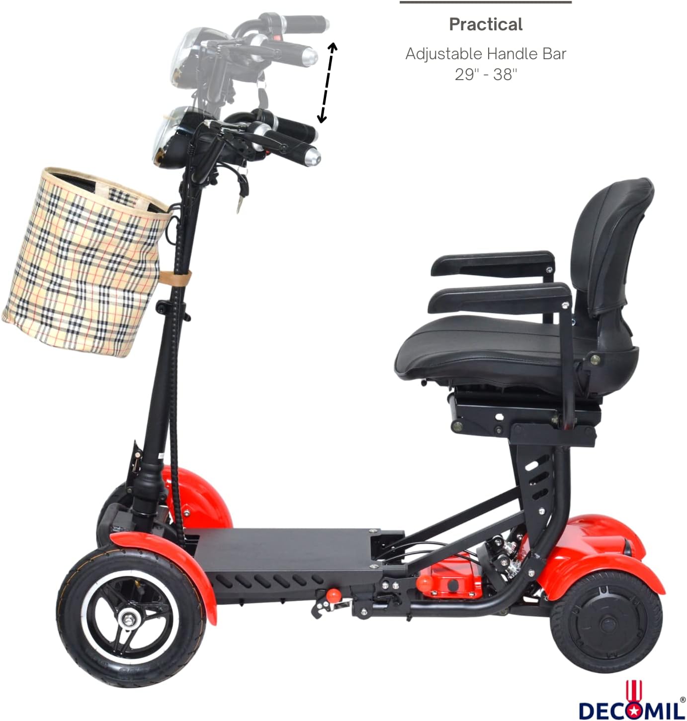 DECOMIL - Mobility Scooter, Portable Electric Scooter | Medical Travel Scooter, 4 Wheels | Lightweight and Portable (7.5 aH Battery, Red)