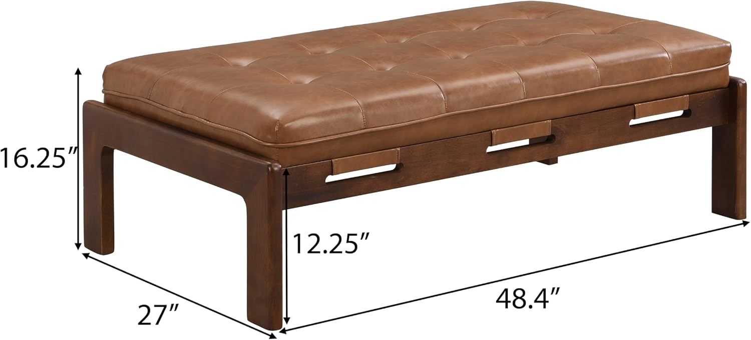 Merax 48.4' Rectangle Tufted Upholstered Cocktail Ottoman, Leather Ottoman Coffee Table,PU Leather Ottoman for Living Room, Bedroom, Office, Brown