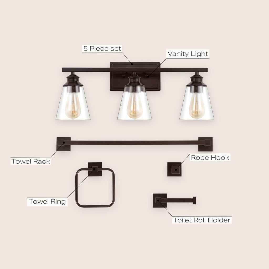 JONATHAN Y JYL1500A Arlo 22.88' 3-Light Vintage Classic Vanity Light with Bathroom Hardware Accessory Set, Oil Rubbed Bronze (5-Piece) - Towel Bar & Ring, Toilet Paper Holder, Robe Hook