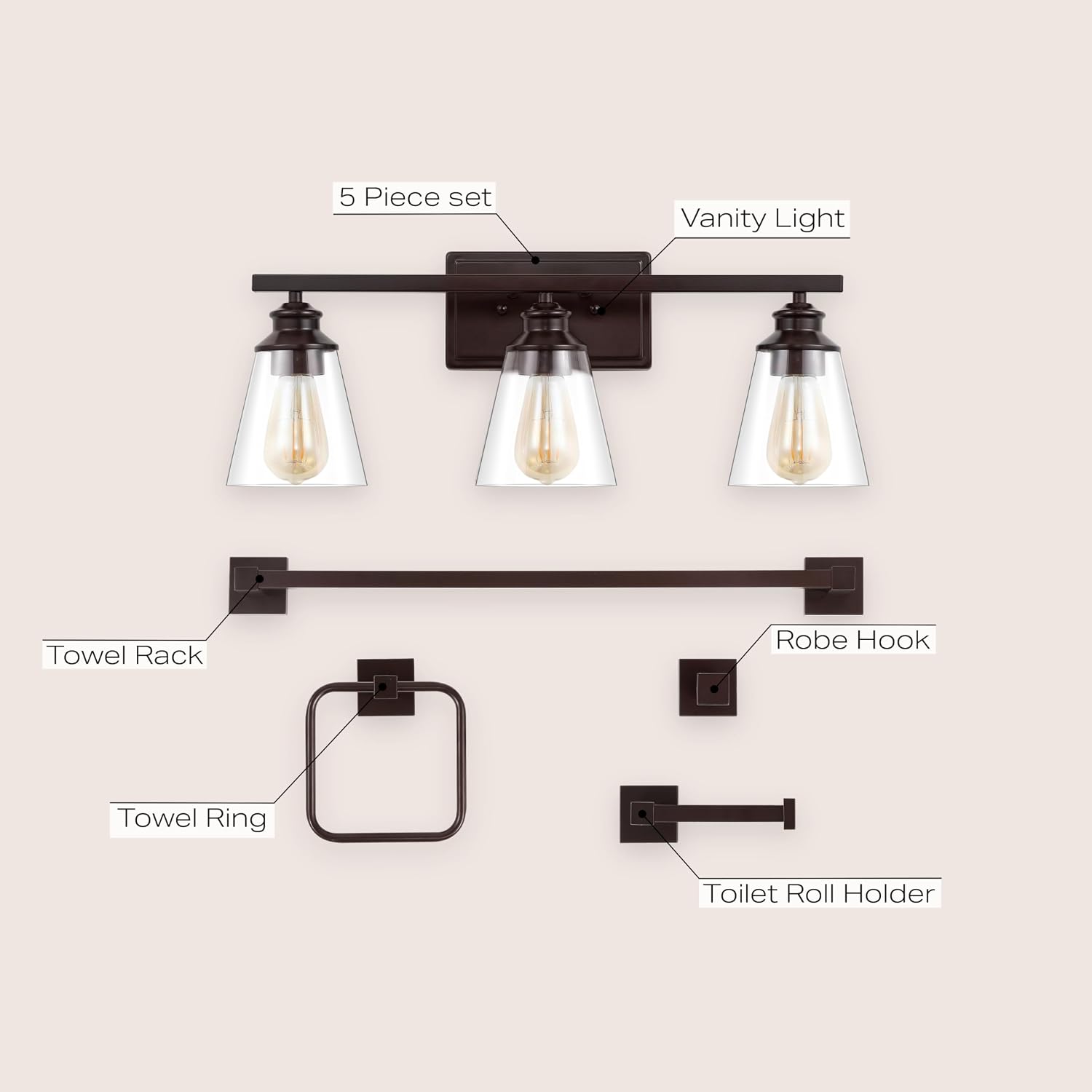 JONATHAN Y JYL1500A Arlo 22.88' 3-Light Vintage Classic Vanity Light with Bathroom Hardware Accessory Set, Oil Rubbed Bronze (5-Piece) - Towel Bar & Ring, Toilet Paper Holder, Robe Hook