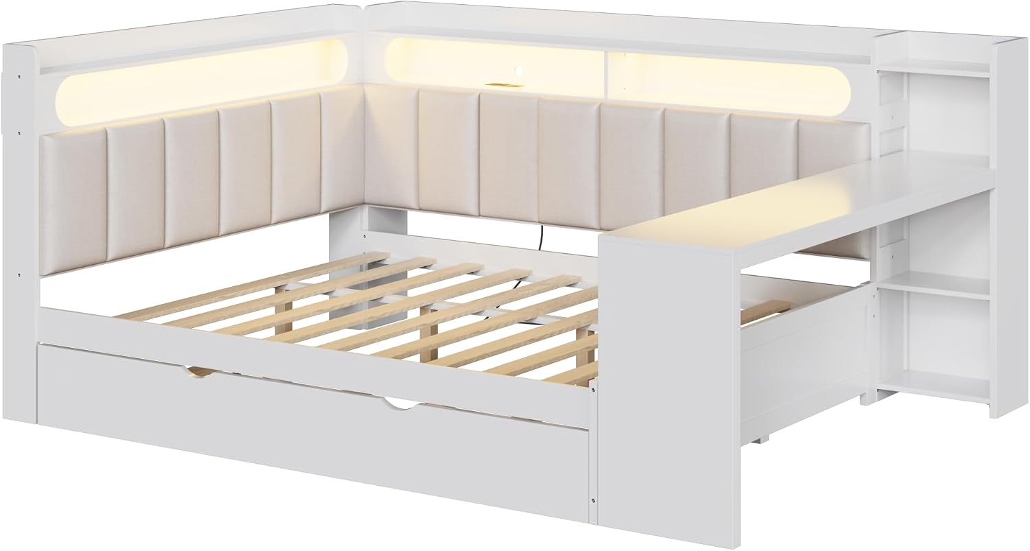 SOFTSEA Full Size Corner Bed with Desk and Trundle, Wood L-Shaped Day Bed with LED Lights, USB Ports & Upholstered Headboard, Full Corner Daybed for Kids Teens Adults, White
