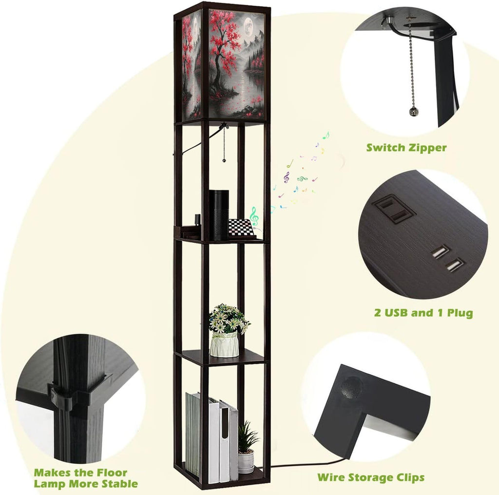 Floor Lamp with Shelves Grey Red Plum Blossom Tree Full Moon Landscape Contemporary Cherry Standing Tall Lamp USB Ports & Power Outlet Modern Corner Lamp Nightstand Light for Living Room Bedroom