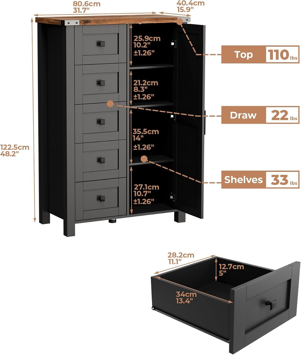 VVFLU Farmhouse White Dresser for Bedroom with 4 Drawers and 2 Barn Doors, Black Wood Chest of Drawers 47 Inch Wide, Large, Long, Adjustable Shelves, 5 Legs, Living Dining Room, Entryway, Hallway