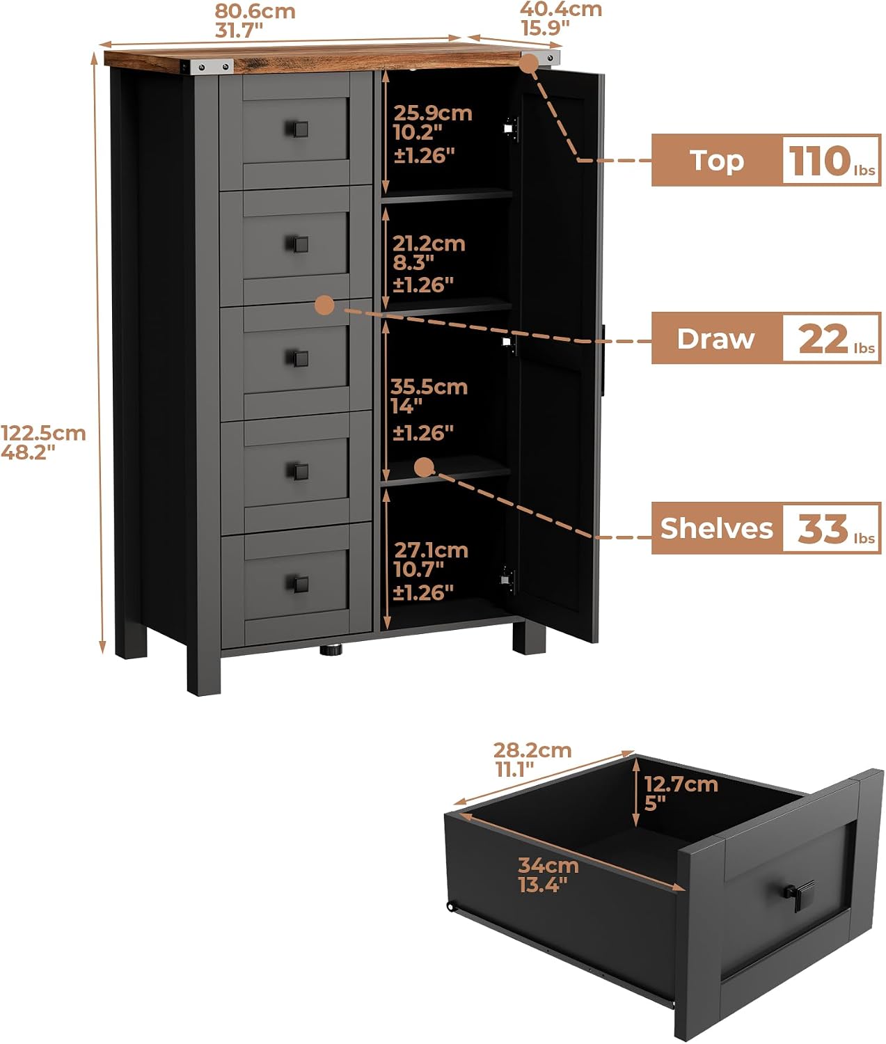 VVFLU Farmhouse White Dresser for Bedroom with 4 Drawers and 2 Barn Doors, Black Wood Chest of Drawers 47 Inch Wide, Large, Long, Adjustable Shelves, 5 Legs, Living Dining Room, Entryway, Hallway