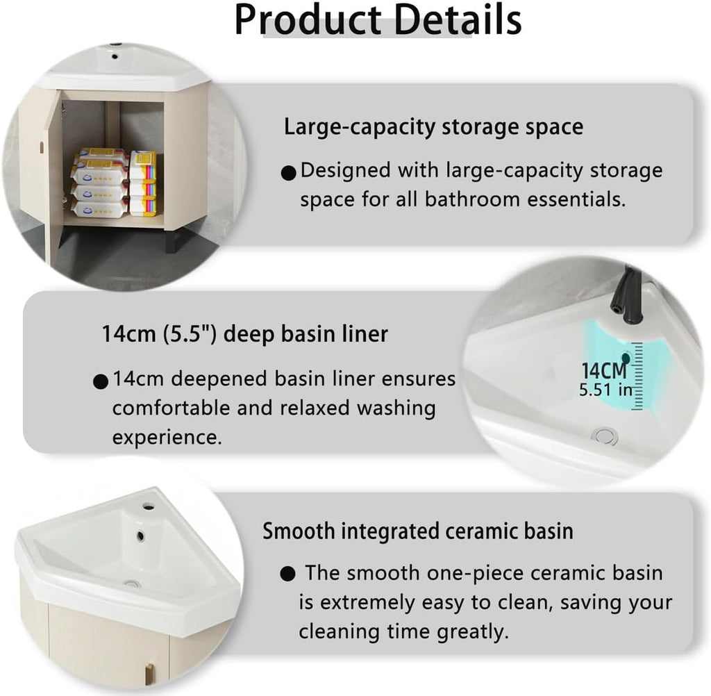 Corner Bathroom Vanity Sink for Small Space, Freestanding Compact Space Bathroom Storage Cabinet,Space-Saving, with White Ceramic Sink & Adjustable Shelf(48x48cm(18.9x18.9 in))