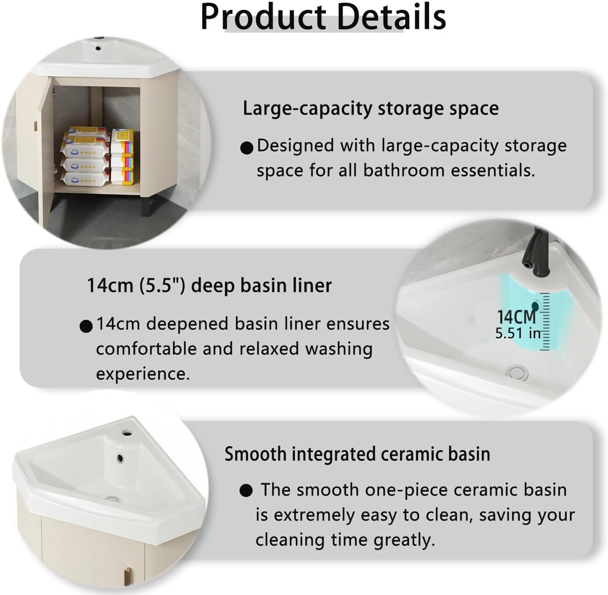 Corner Bathroom Vanity Sink for Small Space, Freestanding Compact Space Bathroom Storage Cabinet,Space-Saving, with White Ceramic Sink & Adjustable Shelf(48x48cm(18.9x18.9 in))
